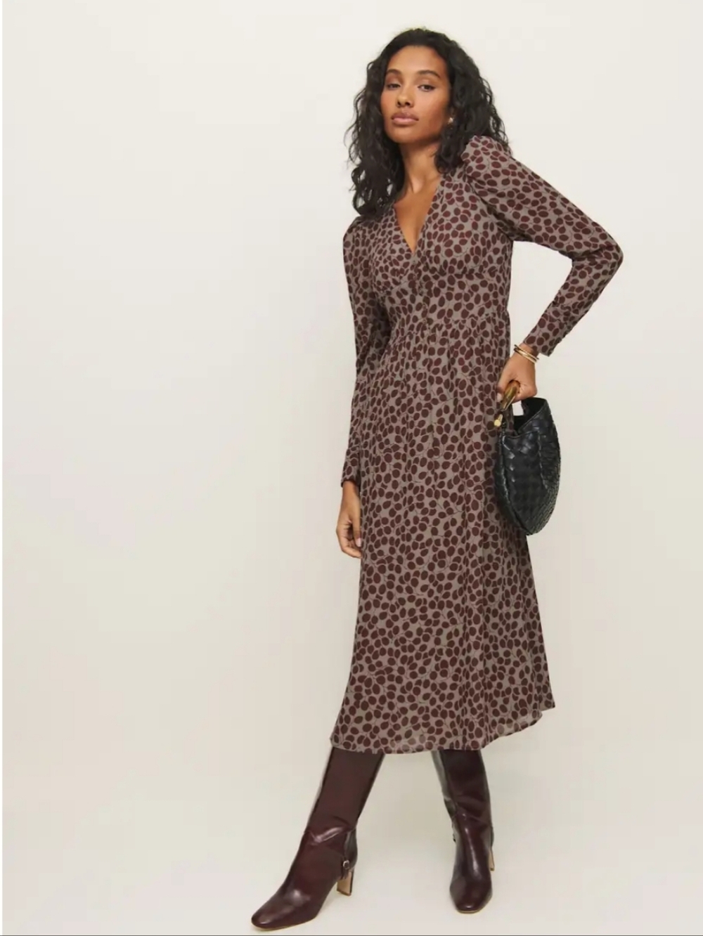 Reformation Liara Dress Pinot Noir Tan Maroon Long Sleeve Women's 6 NWT